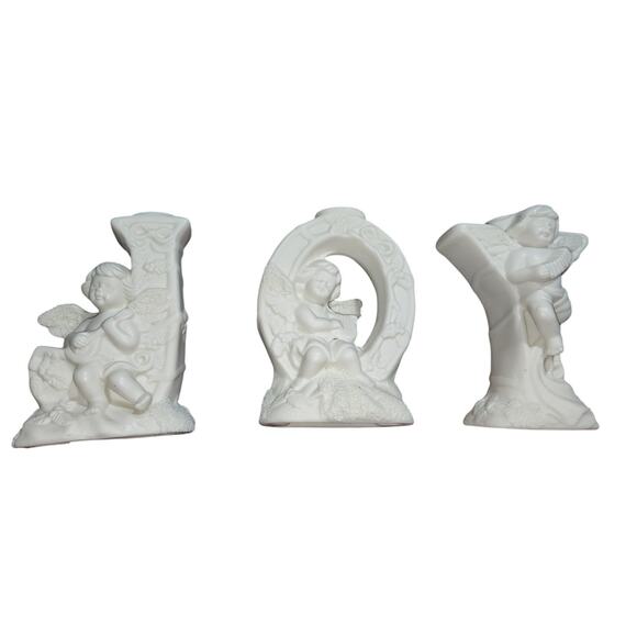 Christmas Other - Set of 3 Angel Cherubs White Bisque Porcelain Christmas JOY Candle Holder